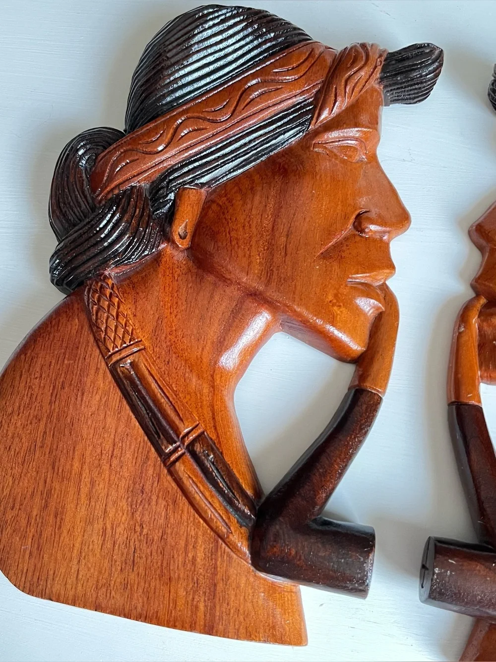 Mid Century Hand Carved Wooden Native American Figural Wall Plaques
